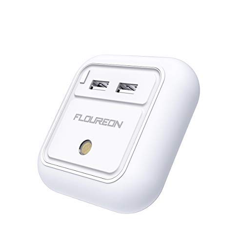 Floureon 12W 2.4A Dual USB Wall Charger Night Light Warm White LED Night Light Plug AC Adapter for iPhone X /8/7 /7 Plus/ 6S/ 6 Plus Samsung Galaxy Note 9, 8, S9, S8