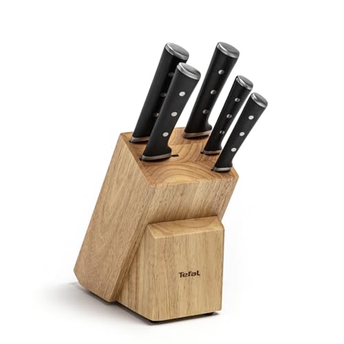 Tefal Ice Force Messerblock aus Holz, 5 Messer, Brotmesser 20 cm, Chefmesser, Santokumesser 18 cm, Gemüsemesser 11 cm, Tranchiermesser 9 cm, Edelstahl, braun/schwarz, K232S5