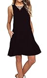 kigod Casual Sleeveless V Neck Lace Up Criss Cross Swing T-Shirt Dresses with Pockets
