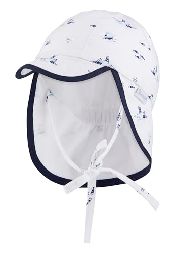 Sterntaler Schirmmütze Nacken Leuchttürme - Maritime Mütze aus Baumwolle - Jungen Sommerhut mit Nackenschutz und Bindeband - Baby- und Kinder Kopfbedeckung - Futter Batist (Bio) - weiß, Größe 51