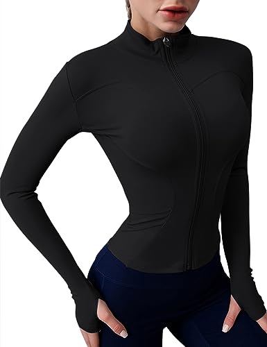 Rapbin Damen Langarm Gym Tops Laufjacke Sportjacke Leicht Yoga Fitness Slim Fit Sportshirt Atmungsaktive Reißverschluss Trainingsjacke Mit Daumenlöchern Stil 2-Schwarz L