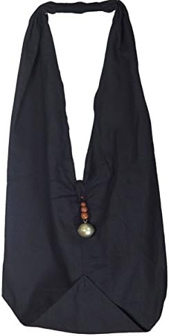 Thai Hippie Sling Plain Color Cotton Bag Shoulder Crossbody Bohemian Handmade Boho Monk Buddha (Black)