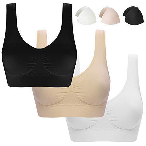 3-Pack Women's Seamless Wireless Sports Bra Genie Sleep Bra with Removable Pads (L)