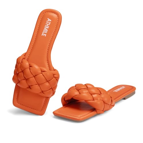 ATHMILE Braided Womens Sandals Square Open Toe Fashion Slide Sandals Women Dressy Summer Flat Beach 2025 Size 6-11