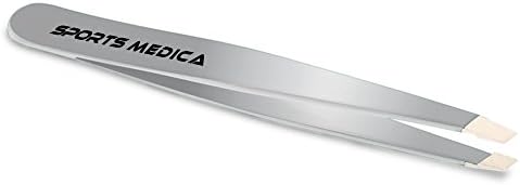 Silver Slanted Tip Sports Medica Tweezers - Professional and Premium Quality Stainless Steel Tweezers with Surgical Precision - Best Way to Pluck Eyebrow and Ingrown Hairs - Lifetime Guarantee
