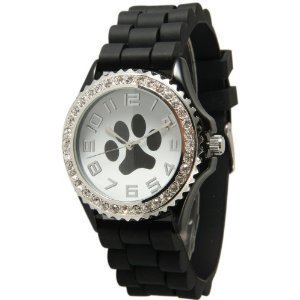 Black Paw Face Silicone Watch w/ CZ Crystal Rhinestones Face Bling Black Paw Face Silicone Watch w/ CZ Crystal Rhinestones Face Bling