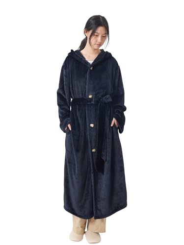 ATOKAZO 着る毛布 ルームウェア Sサイズ 男女兼用 あったか 着るブランケット 部屋着 パジャマ 腰ベルト・ポケット・フード付き ボタン付き フランネル なめらかな肌触り ふわふわ 吸湿発熱 静電気防止 防寒対策 秋冬 洗える レディース メンズ ゆったり(S-着丈120cm，ヘリンボーン・ネイビー)