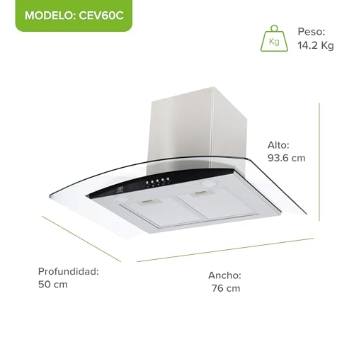 AVERA Campana de cocina 76 cm de pared, 3 velocidades, Luz LED, Filtro de carbón activado, Filtro de malla metálica lavable, Acero inoxidable y vidrio templado, Diseño curvo | CEV60C