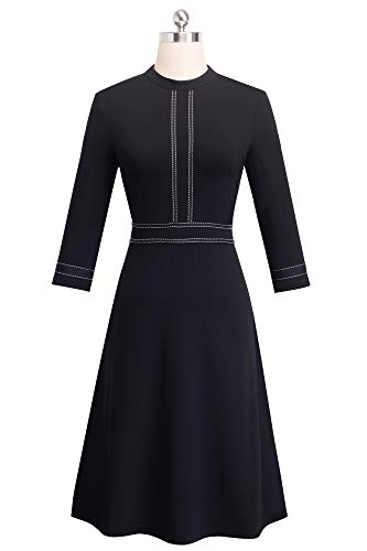 HOMEYEE-Damen-Vintage-Rundhalsausschnitt-34-rmel-Retro-Knielanges-Cocktailkleid-A135