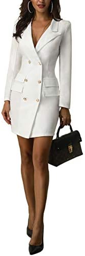 MISOMEE Women Solid Stylish V Neck Double Breasted OL Work Blazer Dress