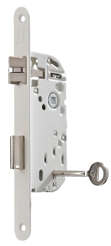 Vachette Einsteckschloss mit Schlüssel, Achse 40 mm, Kofferraum 135 mm, NF Level 2 – D25, wendbar ohne Demontage, Stulpe mit runden Enden – Innentür, Schlafzimmer, Büro – Weiß, Schließblech, 1