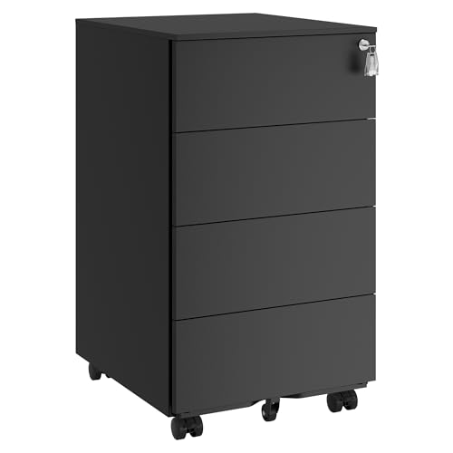 SONGMICS Schubladenschrank, Rollcontainer, mobiler Aktenschrank, Metallschrank, Druckertisch, abschließbar, 4 Schubladen, vormontiert, Büro, Homeoffic