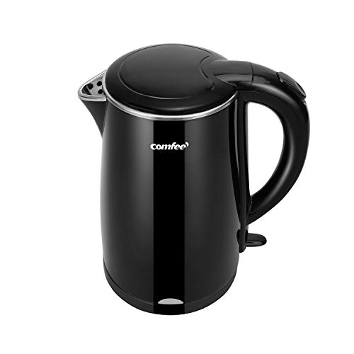 COMFEE' 1.7L Double Wall & Low Noise Electric Kettle with 100% Stainless Steel Inner Pot and Lid. Cool Touch & BPA Free. 1500W Fast Boil. Cordless with Auto Shut-Off & Boil Dry Protection. Black