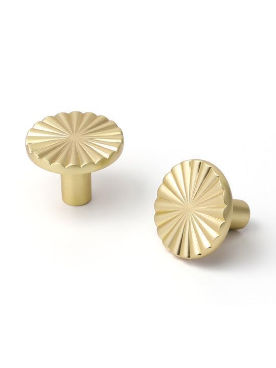 SORWDUERM 5 Pack Brushed Gold Cabinet Knobs Brass Kitchen Solid Round Dresser Drawer Knobs Simple Cabinet Hardware for Cupboard Drawer Pulls Zinc Alloy