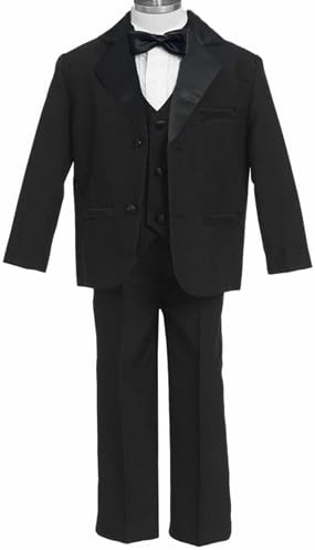 SIZE: L - Boys Black Tuxedo Adjustable Bow Tie 5 Pc Black Dinner Jacket Tux (Baby Infant 6M to 16)
