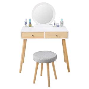 BOJU - Mesa de tocador de Madera con Espejo y cajones y Taburete para
