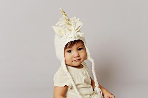 The Blueberry Hill "Ella" Unicorn Knitted White with Mettalic Gold Stripe Hat | Super Soft Baby Winter Hat and Photography Prop (Medium 2-5 Years)