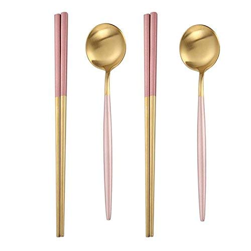 Mengbaobao MBB 2 Pairs of Chopsticks & 2 Spoons Flatware Set Dinner Stainless Steel - Pink Gold โ image 1