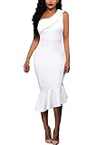 Common Women Elegant Single Shoulder Ruffle Mermaid Midi Dress(White-M)