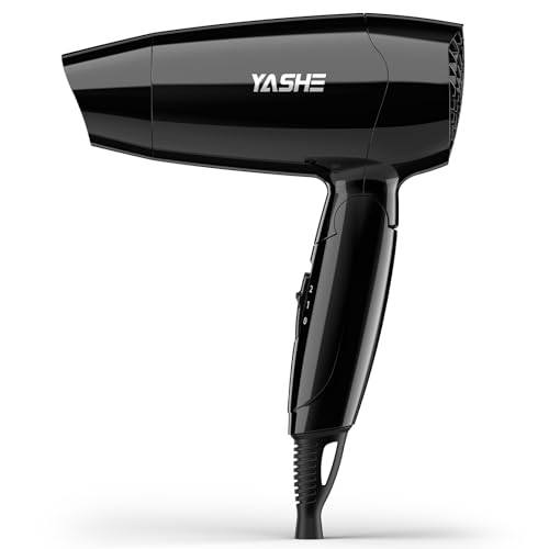 YASHE Mini Folding Hair Dryer, Compact Hair Dryer 1200W with 2 Heat and Speed Settings, Precision Spout, 1.8 m Cable, Lightweight for Travel, Home, Hotel or Dormitory, Black