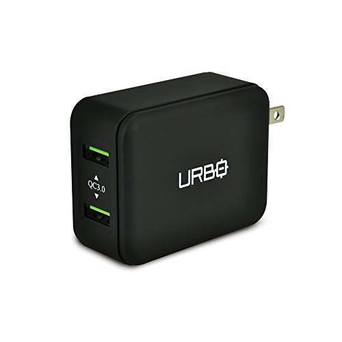 Urbo Quick Charging 3.0 Dual-USB Foldable Travel-Friendly Wall Plug for QC 3.0 Compatible Phones, SmartPhones, GPS and Other USB Powered Devices