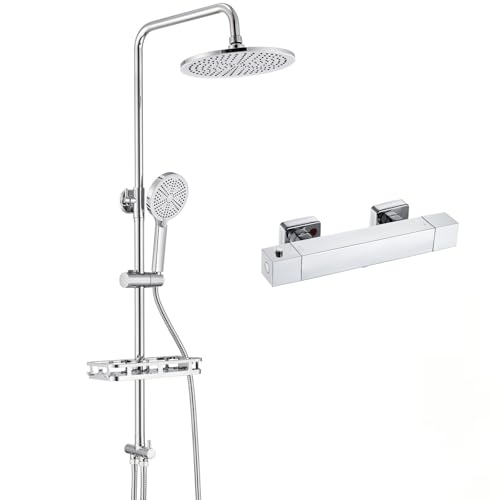 Auralum Duschsystem mit Thermostat, runde Regendusche & Ablagefläche, Edelstahl Duschset Chrom, 38°C Sicherheitssperre & Verbrühungsschutz, große rund
