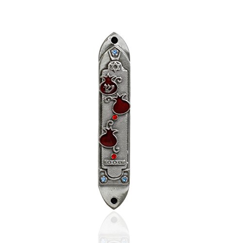 Pewter enameled Pomegranate with Blue and red and blue stones - Mezuzah - top quality ( 3.5 Inches with Scroll )