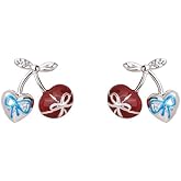 Kokoma Bow Cherry Stud Earrings for Women Sweet Fruit Bow Knot Earrings Tiny Heart Cherry Studs Fashion Ear Jewelry Accessory