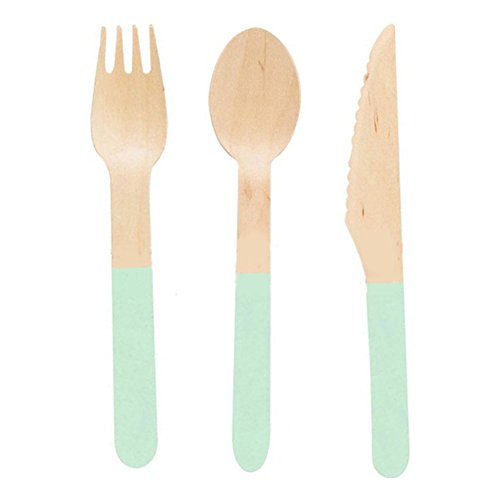 OSOPOLA Wooden Forks Spoon Curtly Set 24pcs Disposable Kids Party Flatware Colorful Eco-Friendly Home D��cor Kitchen Utensil for Wedding Birthday Blue - Thumbnail 4