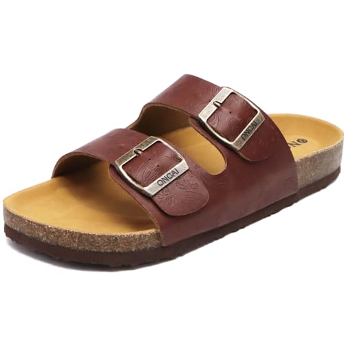 31CHE3eWWuL Oncai Damen Pantoletten Bequeme Hausschuhe Mit Kork-Fußbett Suede Kork-Fußbett Sandalen Mit Verstellbarer Rieme Floral Braun 38.5 Eu
