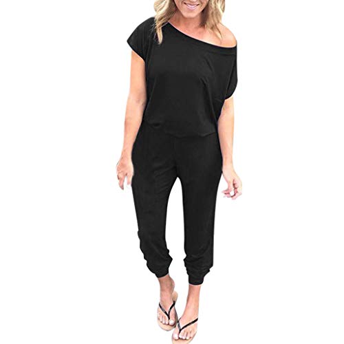 Fheaven Women's Off-Shoulder Jumpsuits Playsuit Short Sleeve Rompers Long Pants with Pocket (M, Black)