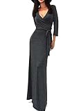 Vivicastle Solid V-Neck 3/4 Sleeve Wrap Waist Long Maxi Dress (Large, CH.Gray)
