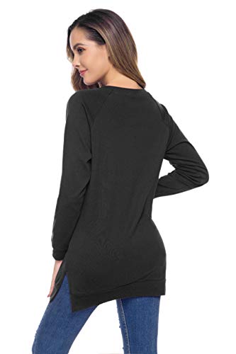 Womens Fall Long Sleeve Plus Pullover Side Split Loose Casual Tunic Tops Black M