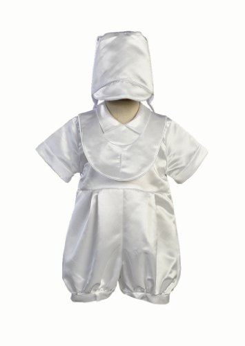 White Satin Christening Baptism Romber with Embroidered Cross on Front and Matching Hat - XL (18 Month)