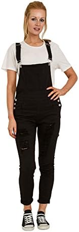 Black Distressed Denim Bib Overalls - Skinny Fit Ladies Dungarees Rips Abrasions