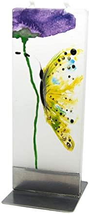 Flatyz Handmade Twin Wick Unscented Thin Flat Candle - Yellow Butterfly with Violet Flower