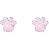 Pink Paw Print Mini Stud Earrings for Women 925 Sterling Silver Tiny Cat Dog Kitten Puppy Animal Pet Enamel Love Heart Cartilage Tragus Studs Earring Cute Birthday Jewelry for Daughter Sensitive Ears