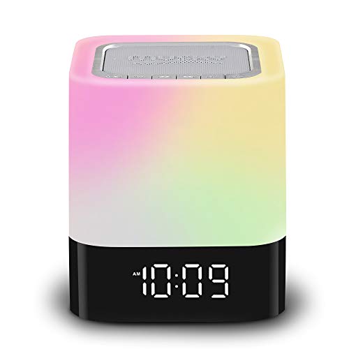 VEHOLION Night Lights Bluetooth Alarm Clock Speaker,Touch Sensor Bedside Lamp Dimmable Warm Light,Color Changing Bedside Lamp,MP3 Music Player,Wireless Speaker with Lights