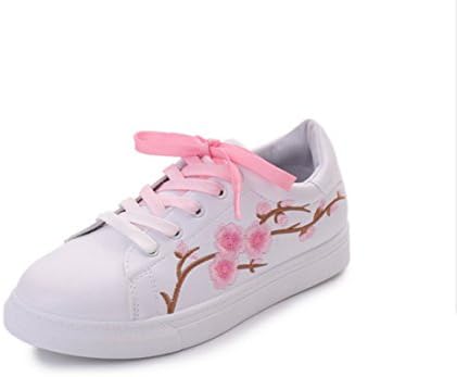Women's White Skate shoes Embroidery Pink Peach Flowers Advantage Fashion Sneaker For Girls (White with Pink peach flower, Women US7= EU39)