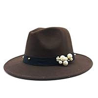 Techecho Pork Pie Hat Women Fedora Hat Wool Felt Leather Belt Pearl Decorative Hat Vintage Felt Hat Church Godfather Wide-Brimmed Hat Ladies (Color : Coffee, Size : 56-58CM)