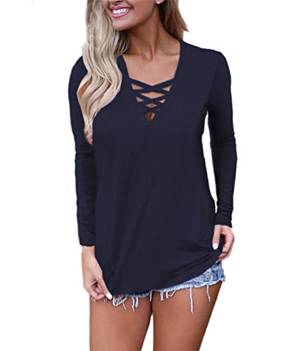 Feiersi Women's Long Sleeve Criss Cross Casual Basic up Blouse Navy Blue S