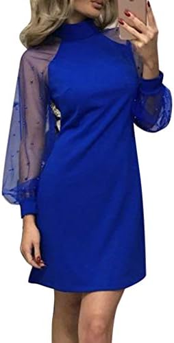 Women's Ladies Pearl Beading Mesh Sleeve Dress Long Sleeve A-Line Mini Party Dress