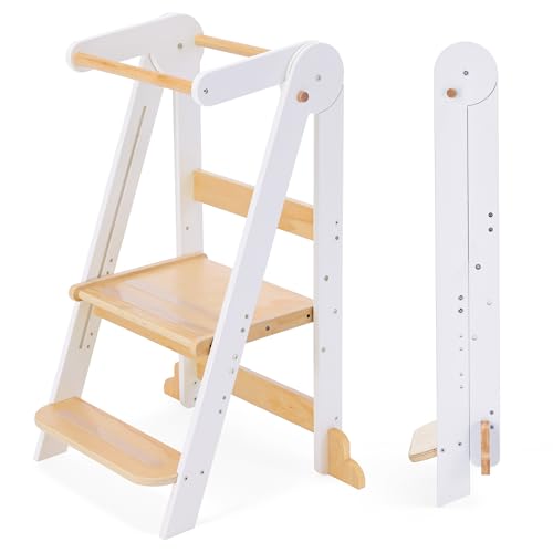 HARPPA Nordi Foldable Toddler Kitchen Tower, Montessori Kitchen Stools Helper, Standing Tower with 3 Adjustable Heights, Suitable Age for 2-6 Years, White