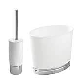 mDesign Modern Compact Freestanding Plastic Toilet Bowl Brush and Wastebasket Garbage Can Combo Set for Bathroom Storage - Sturdy, Heavy Duty, Deep Cleaning - Set of 2 - White/Chrome