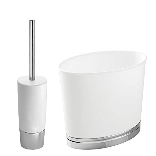 mDesign Modern Compact Freestanding Plastic Toilet Bowl Brush and Wastebasket Garbage Can Combo Set for Bathroom Storage - Sturdy, Heavy Duty, Deep Cleaning - Set of 2 - White/Chrome