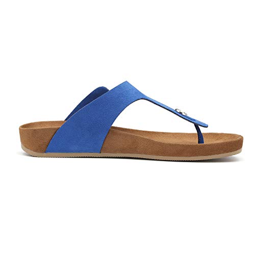 Women's T-Strap Thong Sandals Buckle Slip On Flip-Flops Beach Casual Platform Footbed Slippers (8, Blue)