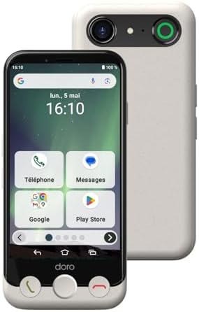 - Smartphone Aurora A10 - Téléphone Portable Senior - Facile à Utiliser - Touche d'Assistance avec Localisation GPS - Compatible Appareils Auditifs - Câble USB Inclus - Blanc
