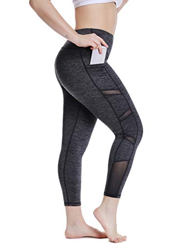 YOHOYOHA Plus Size Workout Mesh Leggings Pockets High Waist Athletic Yoga Pants Women’s Tummy Control Best Long , Black Marl , 4X-Large