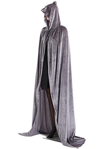 ALIZIWAY Hooded Cloak Full Long Velvet Cape for Halloween Cosplay Costume Cloak Gray 06HS - Thumbnail 2