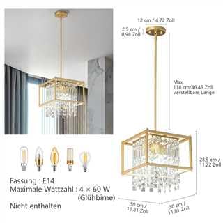 ZPBSJ Modern Kitchen Industrial Lighting Farmhouse Pendant Lamp Metal Gold Crystal Pendant Lamp Used for Entrance Bedroom Balcony Kitchen Island (Square 1-Light)
